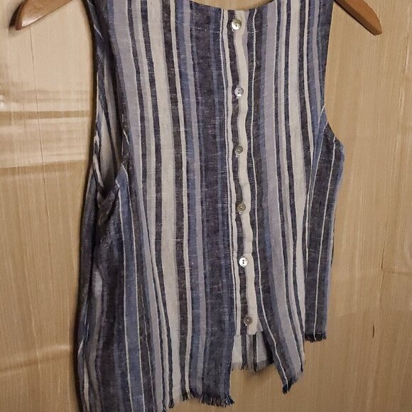 Drew Linen Blend Sleeveless Blue Striped Raw Hem Medium - Picture 3 of 7